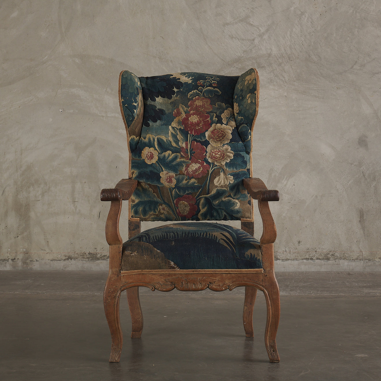 18TH C AUBUSSON UPHOLSTERED WING-BACK ARM CHAIR
