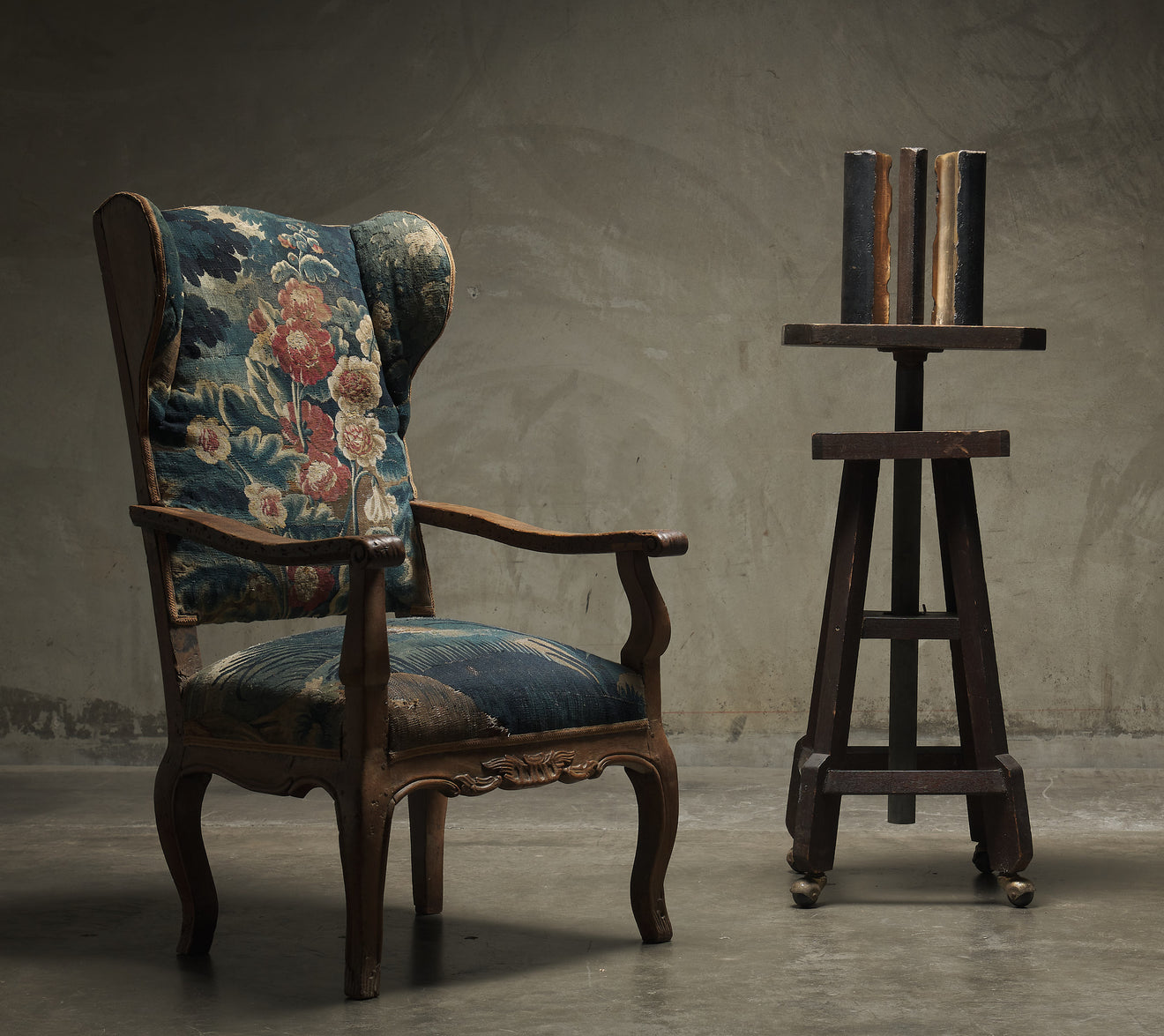18TH C AUBUSSON UPHOLSTERED WING-BACK ARM CHAIR