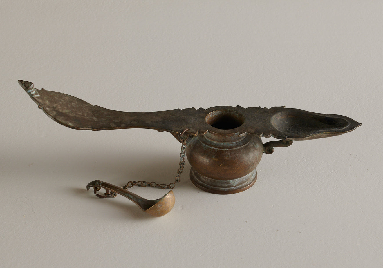 ANTIQUE HINDU VOTIVE OIL LAMP WITH LADLE