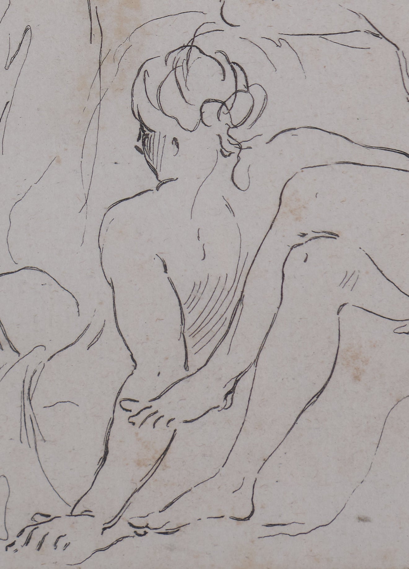 ANTIQUE CONTINENTAL PEN AND INK GROUP DRAWING WITH VICTORIAN FRAME , 19TH C