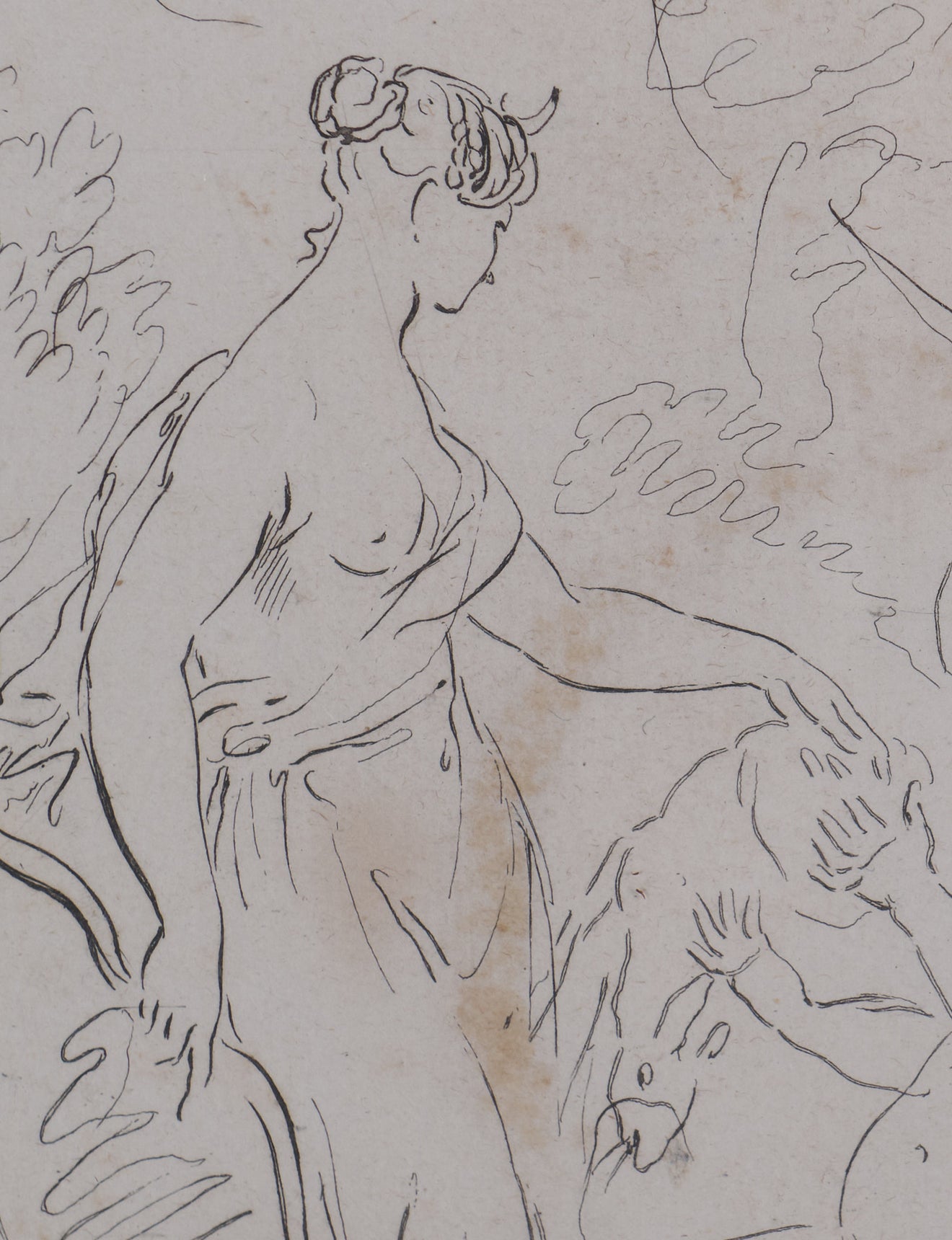 ANTIQUE CONTINENTAL PEN AND INK GROUP DRAWING WITH VICTORIAN FRAME , 19TH C