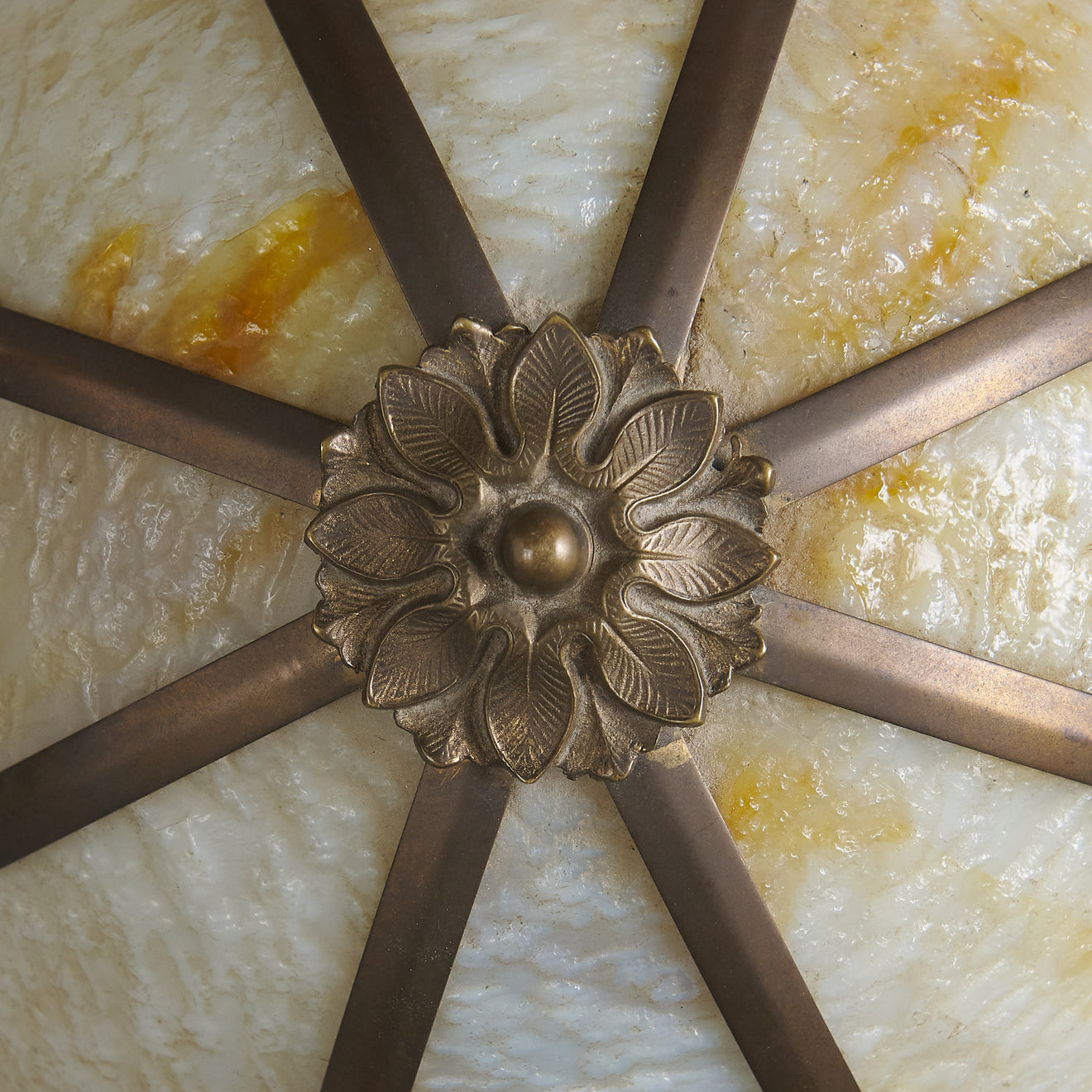 BRASS AND STAINED GLASS BALL SCONCE, EARLY 20TH C, USA