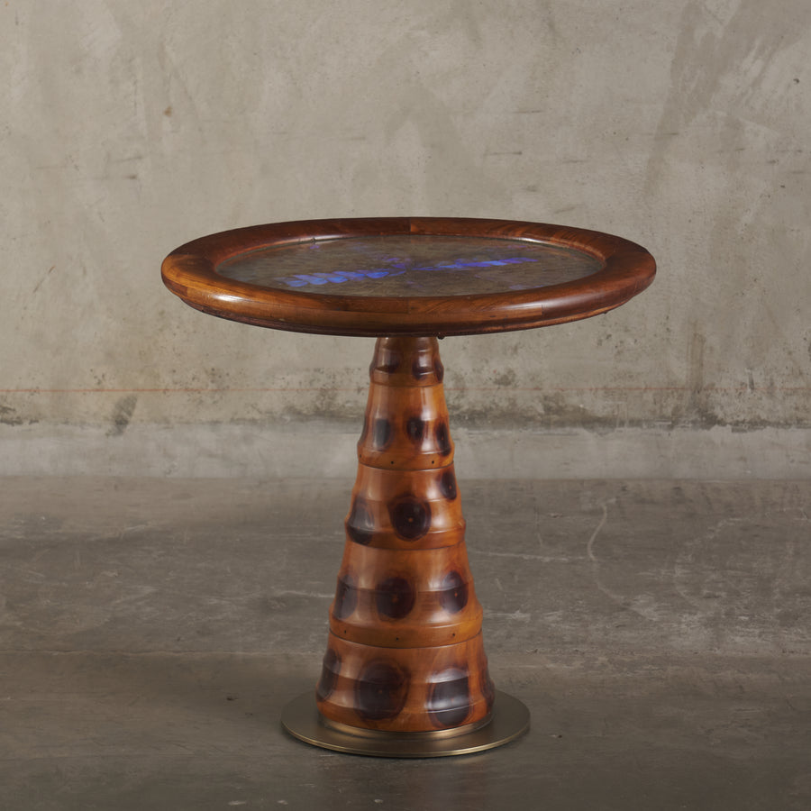 BRAZILIAN MONKEY WOOD BUTTERFLY SPECIMEN PEDESTAL TABLE, 20TH CENTURY