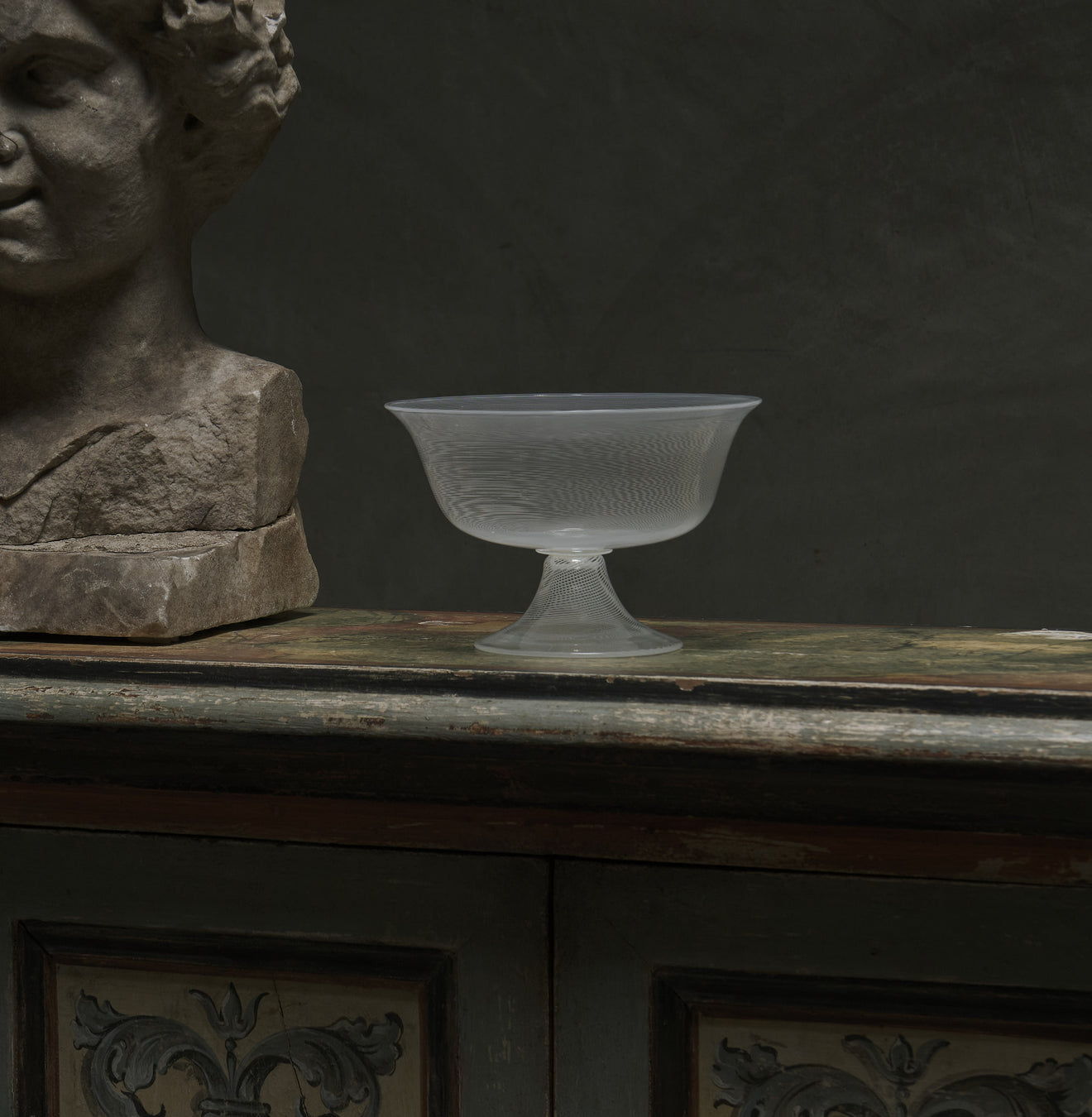 CARLO SCARPA LATTIMO MEZZA FILIGRANA FOOTED BOWL FOR VENINI, MODEL # 5709