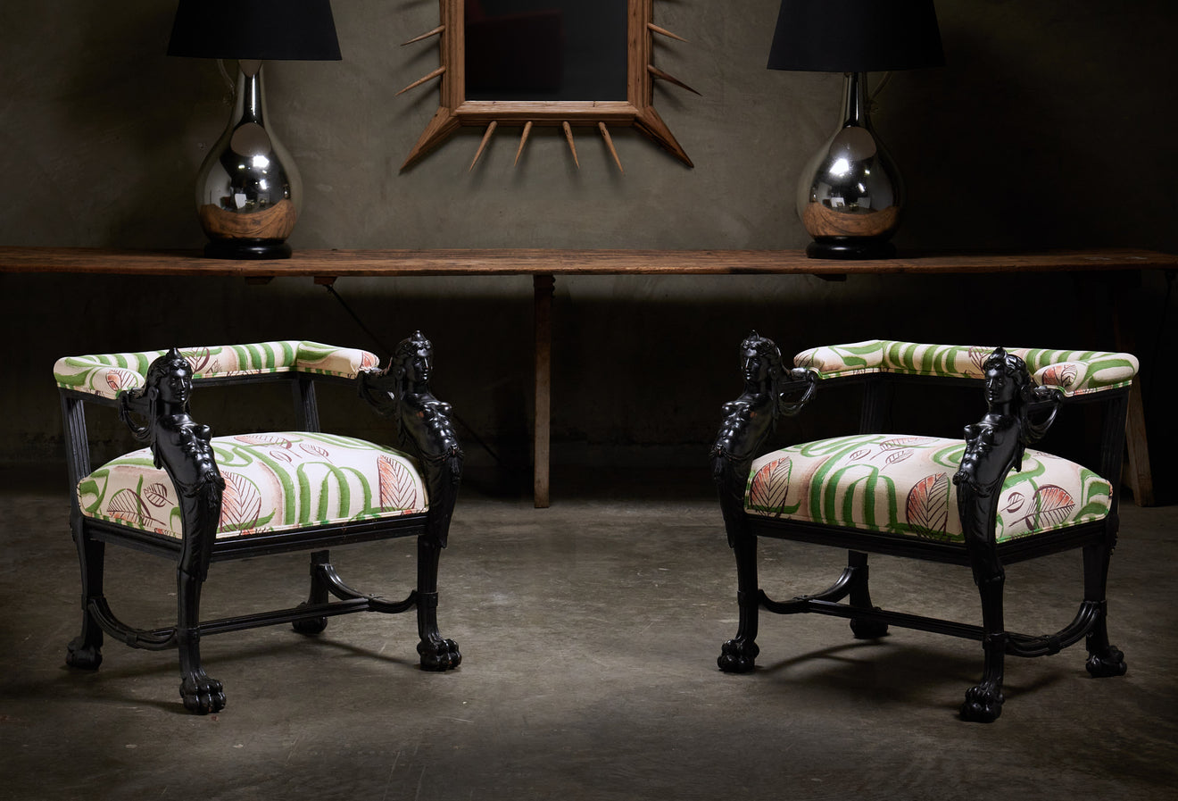 PAIR OF RENAISSANCE REVIVAL CARVED EBONIZED ARM CHAIRS C1880