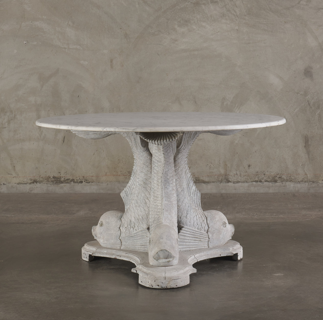 CONTINENTAL WHITE PAINTED WOOD AND MARBLE TOP CENTER TABLE