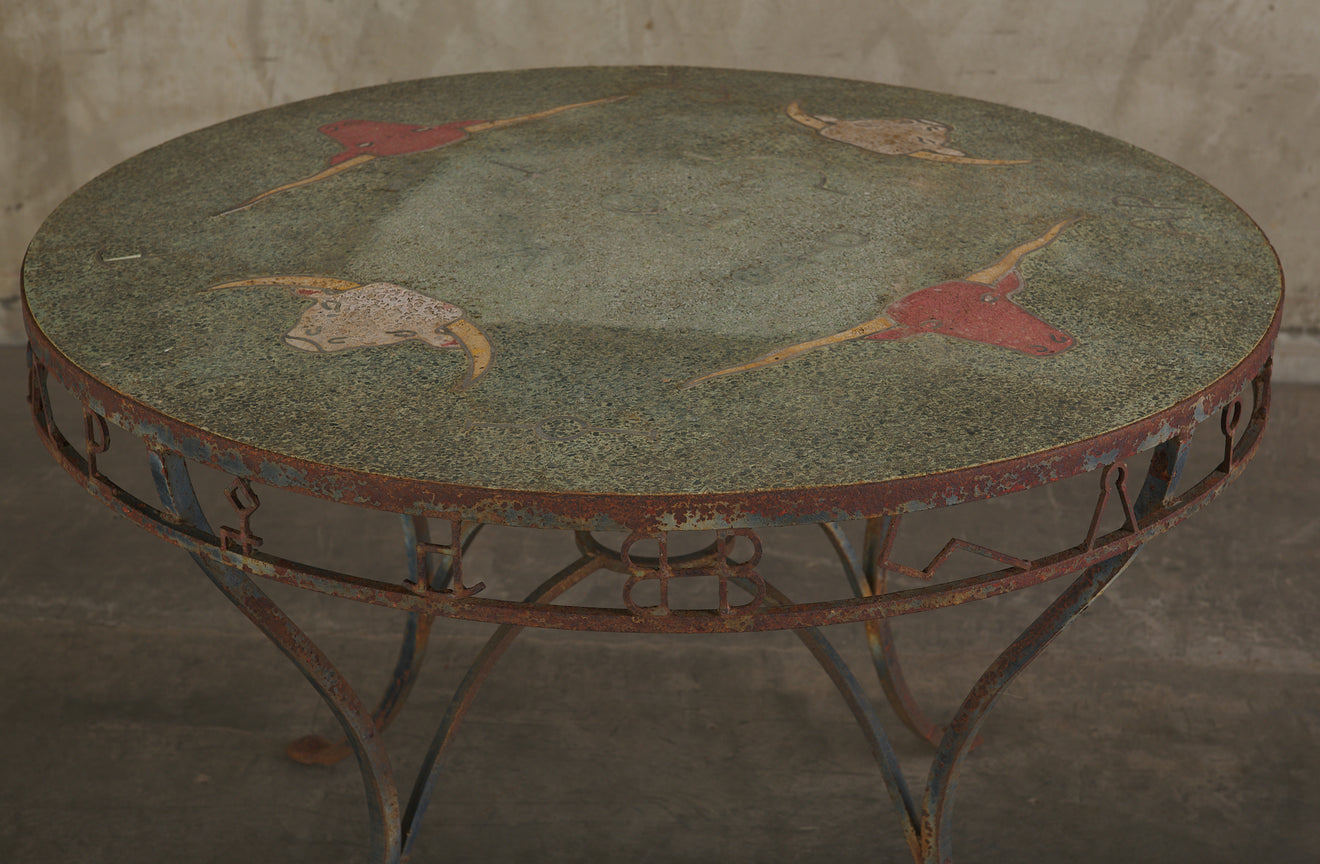 COWBOY PATIO TABLE WITH BRANDING IRONS AND STEER MOTIFS