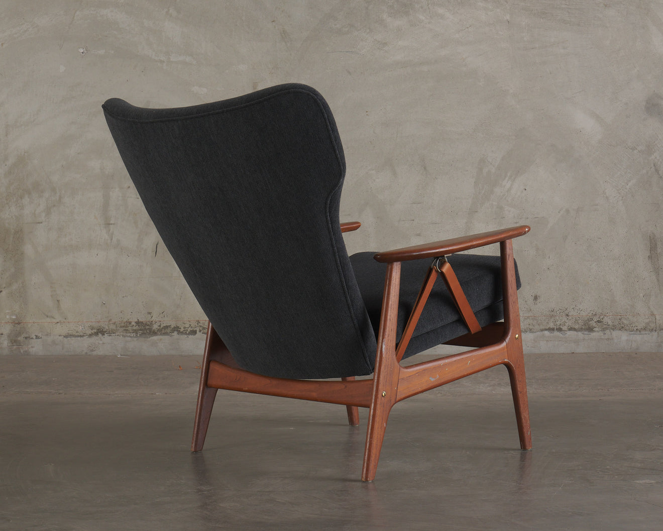 DANISH UPHOLSTED SLING ARM CHAIR, Mid Century