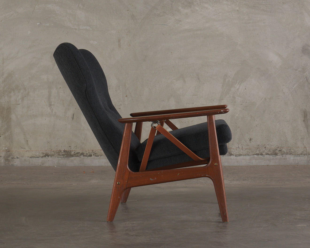 DANISH UPHOLSTED SLING ARM CHAIR, Mid Century