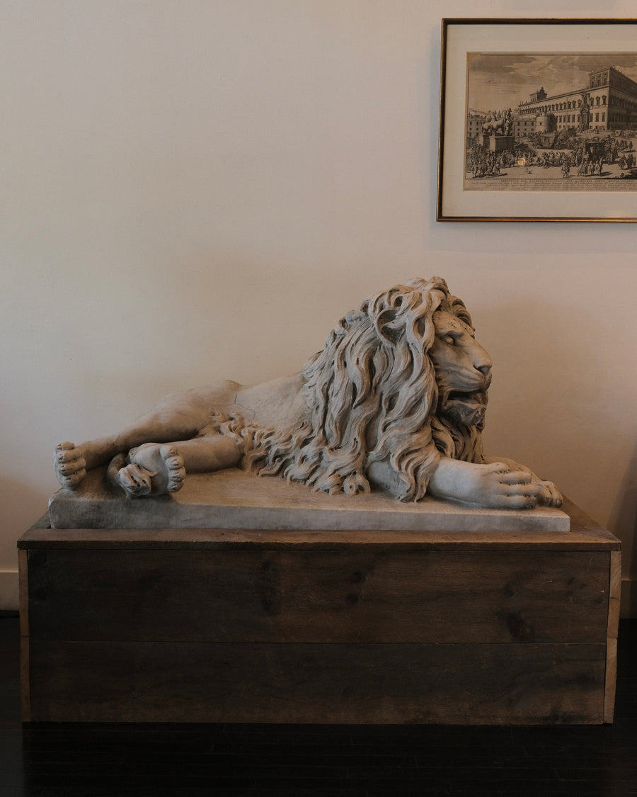PAIR OF CARVED MARBLE RECUMBENT LIONS, c1890