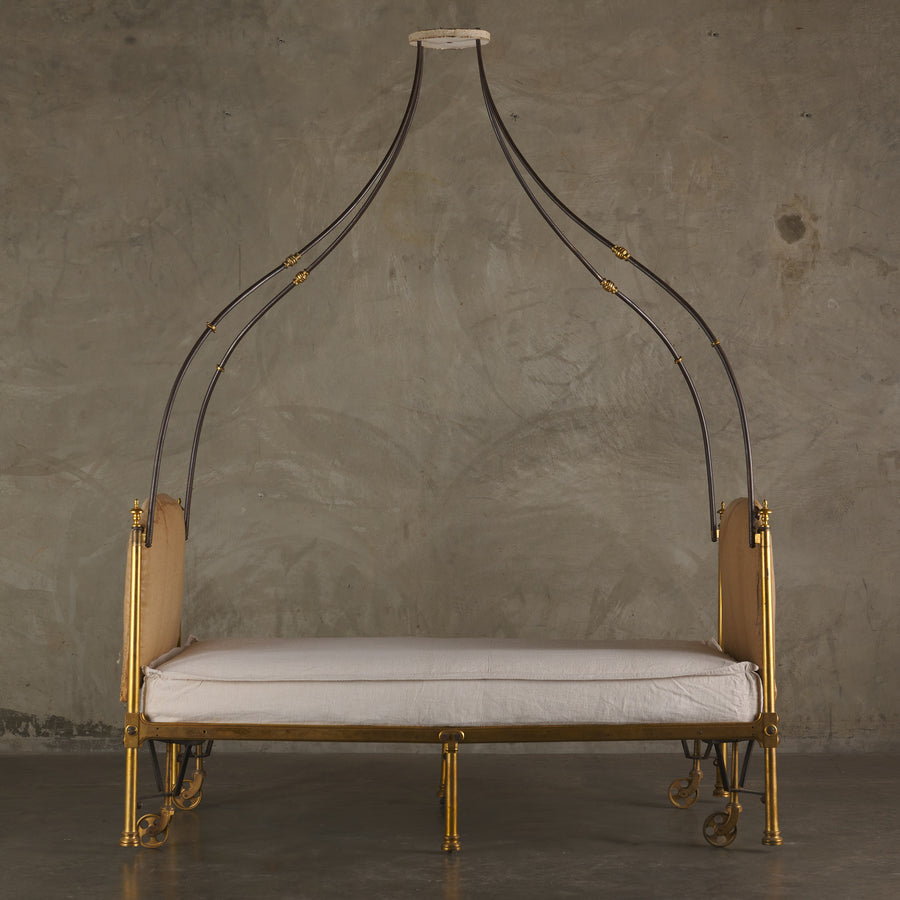 EMPIRE GILT BRONZE AND STEEL CAMPAIGN BED WITH CANOPY, ATTRIBUTED TO MARIE-JEAN DESOUCHES (1764-1828)