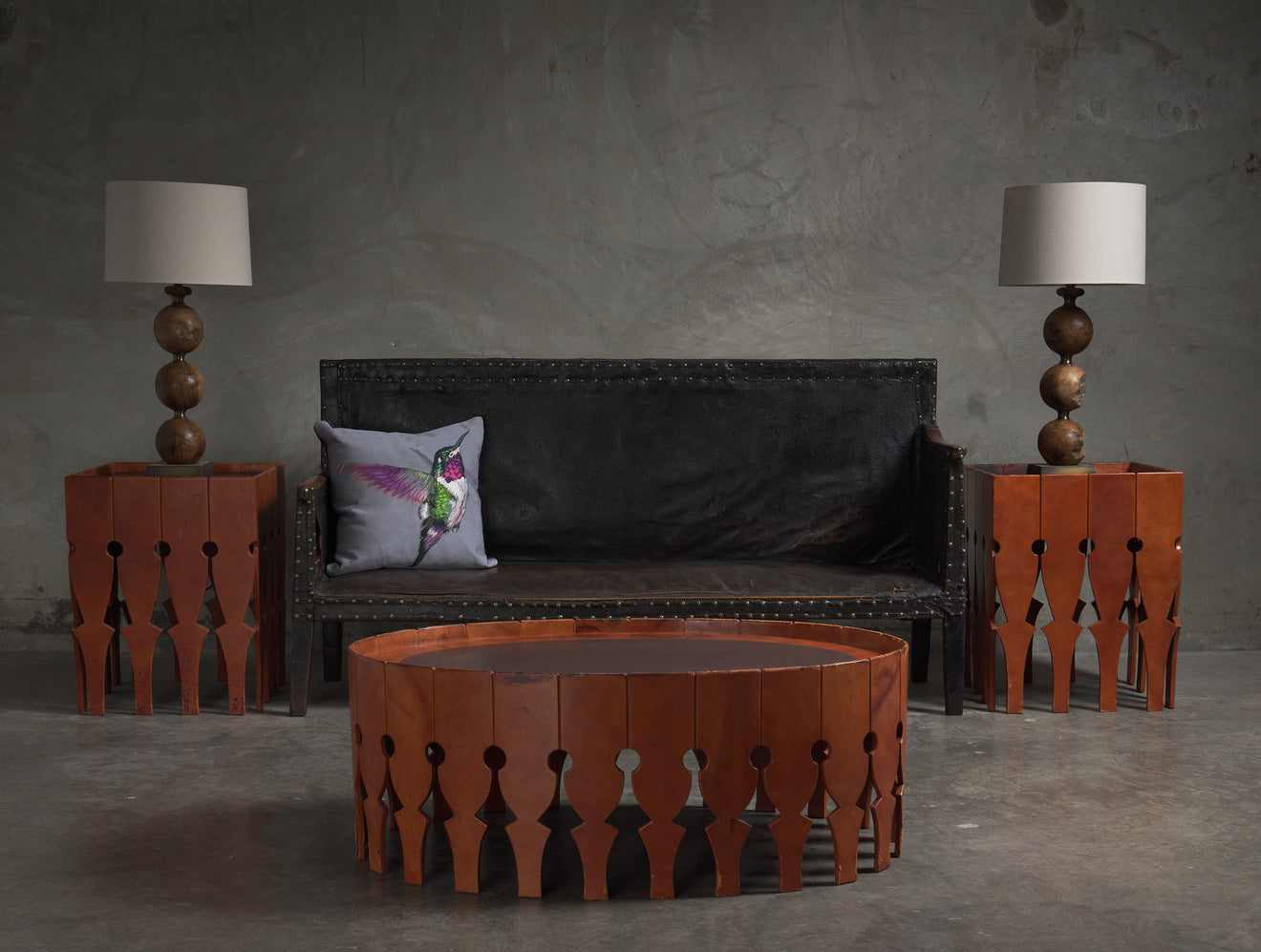 PAIR OF ARTURO PANI LEATHER WRAPPED AND BRASS SIDE TABLES