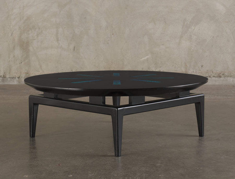 FRANK KYLE BLACK COFFEE TABLE WITH MAGGIE HOWE ENAMELED BRASS PLATES