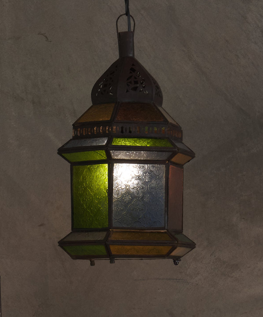 ANTIQUE MOROCCAN STAINED GLASS AND METAL PENDANT LIGHT, c1910