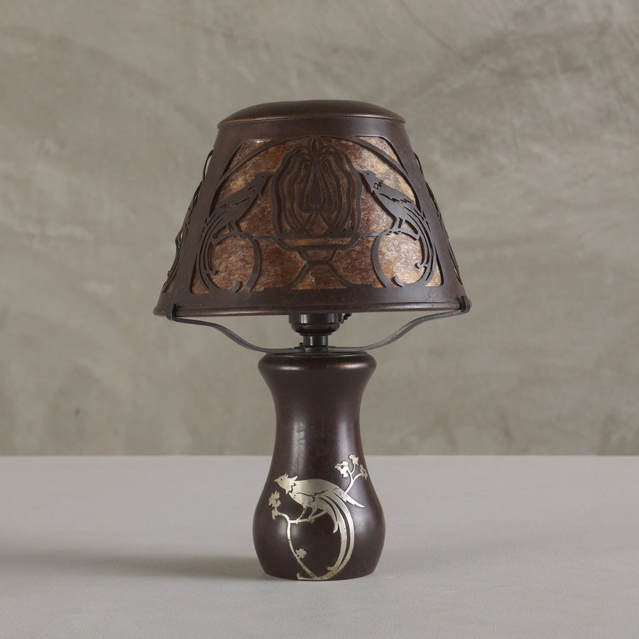 HEINTZ ART METAL SHOP, BIRDS OF PARADISE WITH SILVER INLAY DESK LAMP, 1915