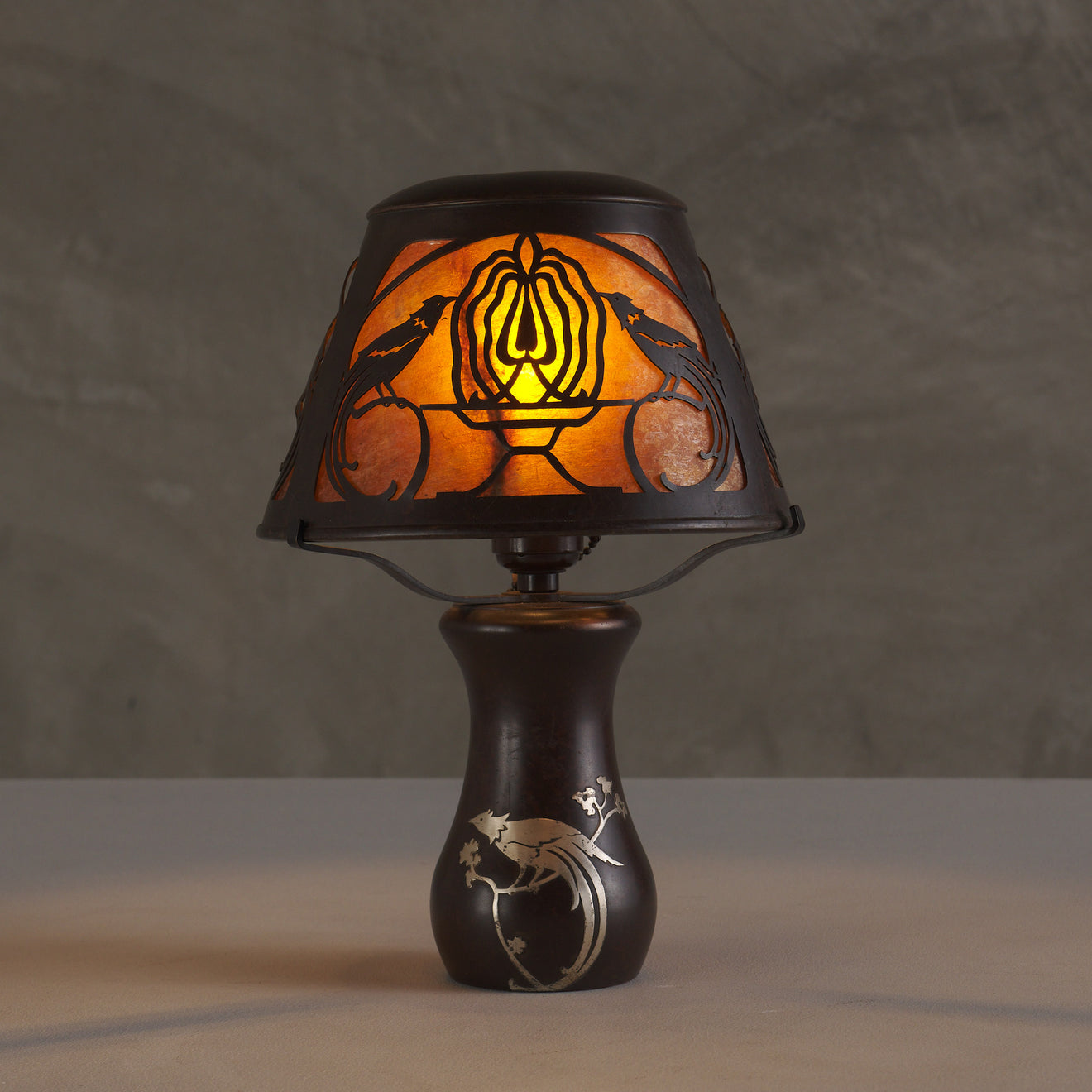 HEINTZ ART METAL SHOP, BIRDS OF PARADISE WITH SILVER INLAY DESK LAMP, 1915