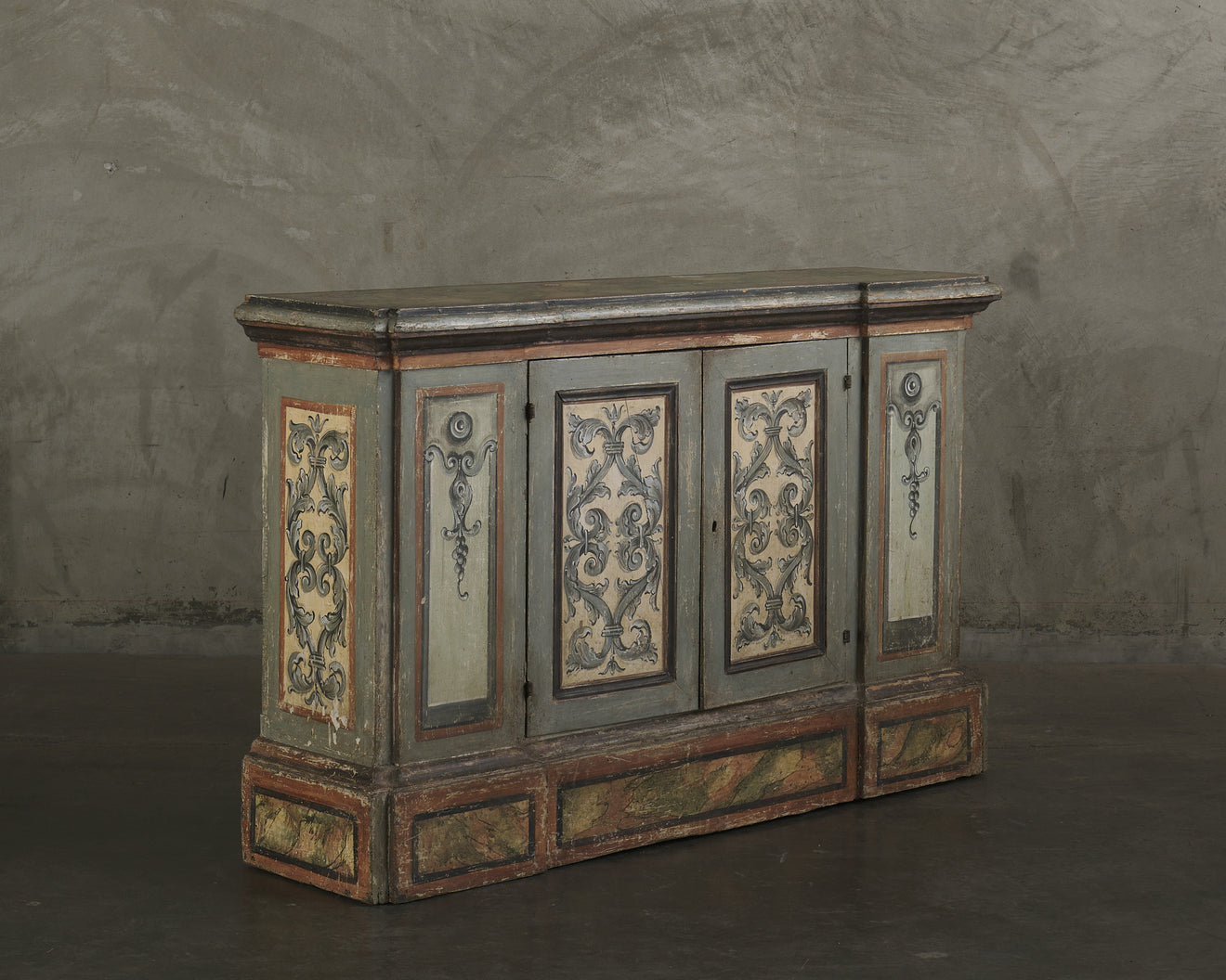 ITALIAN POLYCHROME-PAINTED WOOD CREDENZA WITH HIDDEN COMPARTMENT, 18th C