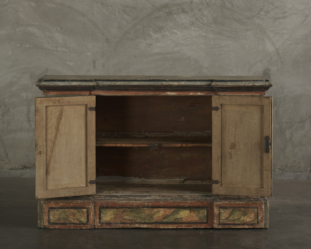 ITALIAN POLYCHROME-PAINTED WOOD CREDENZA WITH HIDDEN COMPARTMENT, 18th C