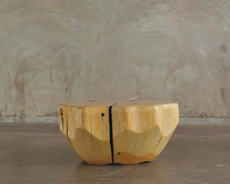 IVORY CEDAR SIDE TABLE WITH BOW TIE INLAY ON TOP BY DAN POLLOCK