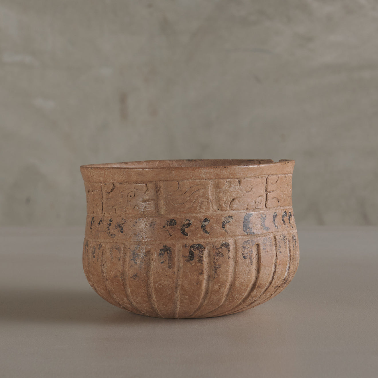 MAYAN GADROONED VESSEL WITH GLYPHS, 600-900 CE