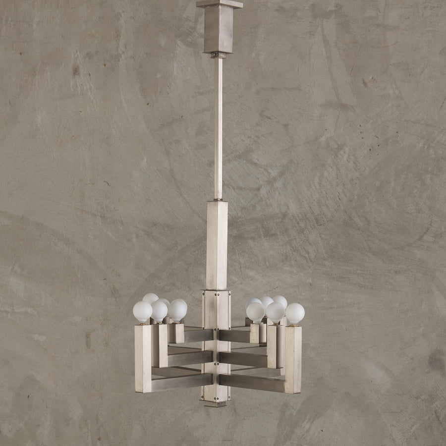 MODERNE MACHINED NICKEL PLATED CHANDELIER, 1940's