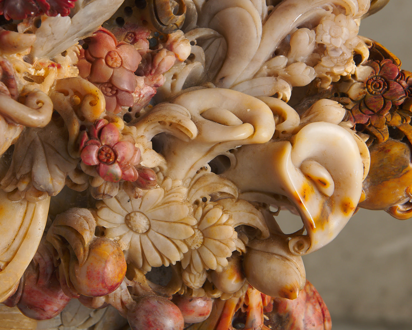 MONUMENTAL CARVED SOAPSTONE BASKET OF FLOWERS