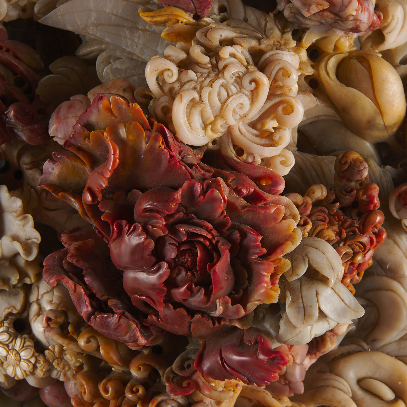 MONUMENTAL CARVED SOAPSTONE BASKET OF FLOWERS