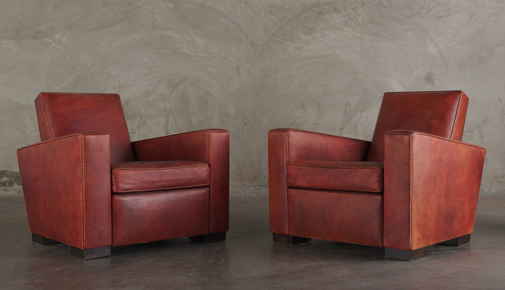 PAIR OF ADNET STYLE RED LEATHER CLUB CHAIRS, 1940 – Blackman Cruz