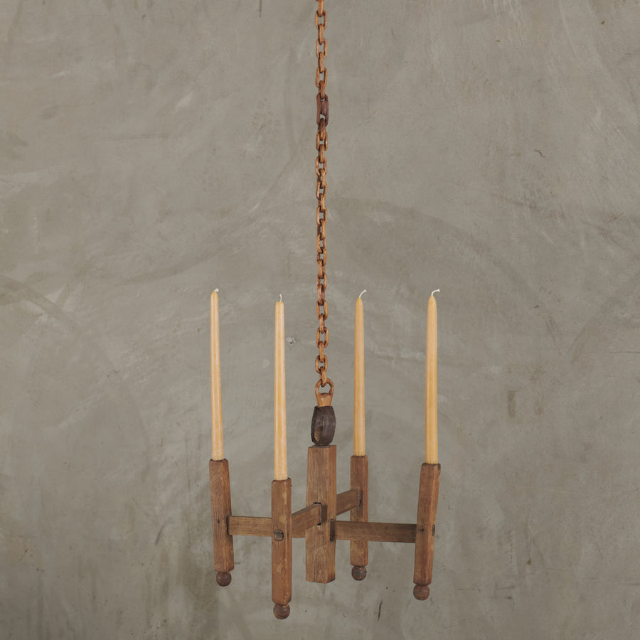 RUSTIC WOOD HANGING CANDELABRA WITH WOOD CARVED CHAIN, C1910