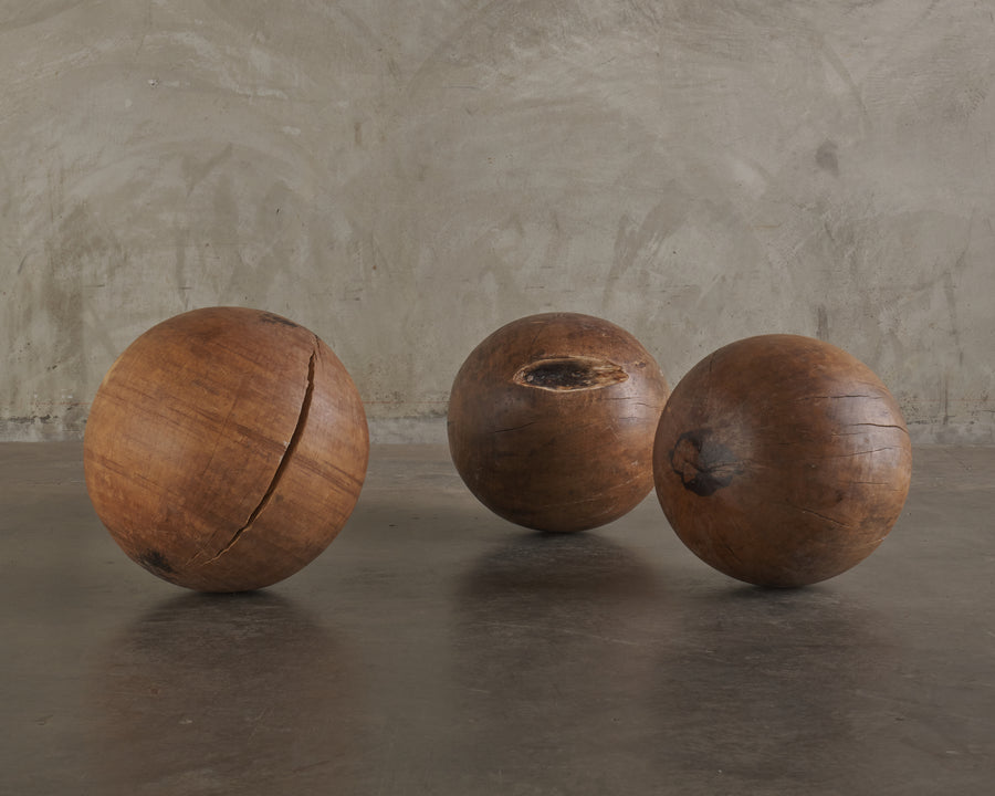 SET OF 3 SOLID WOOD SPHERES, 20TH C