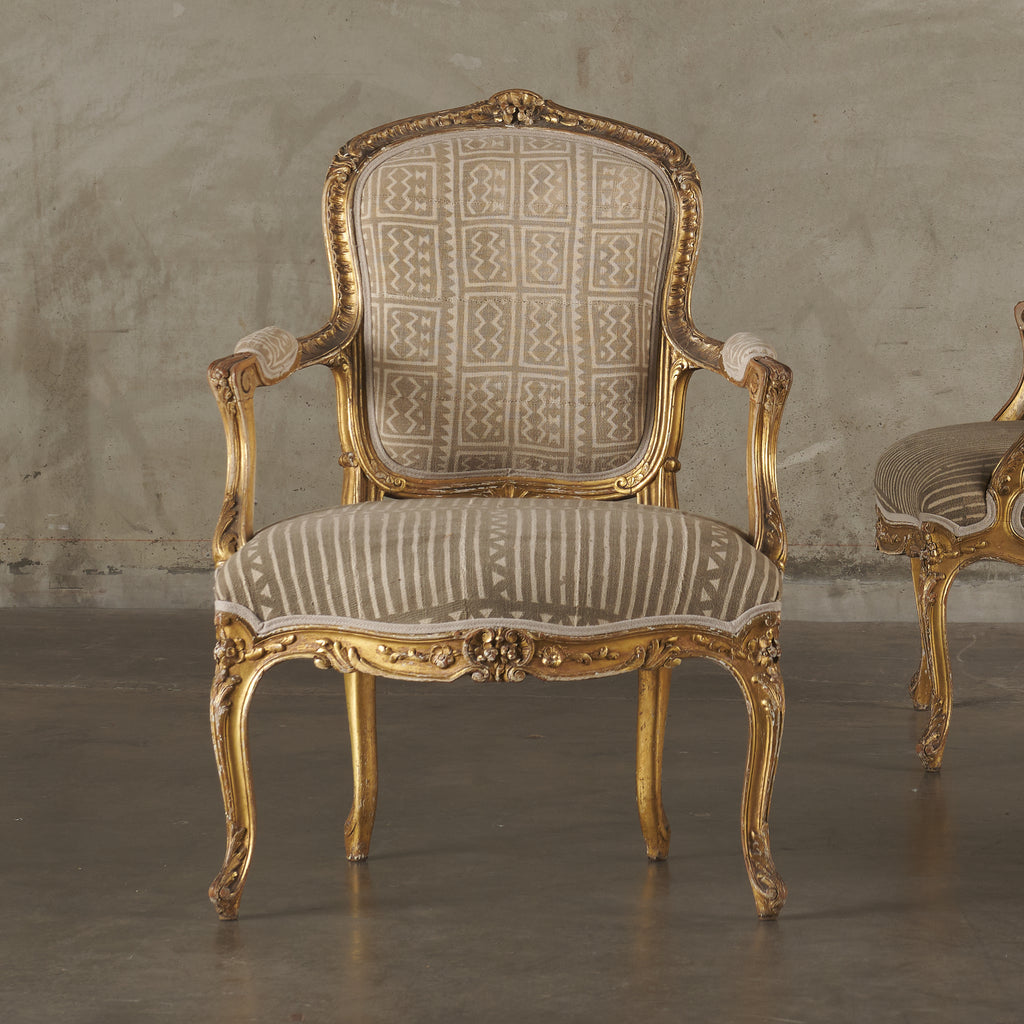 SET OF FOUR LOUIS XV CHAIRS WITH AFRICAN MUDCLOTH UPHOLSTERY