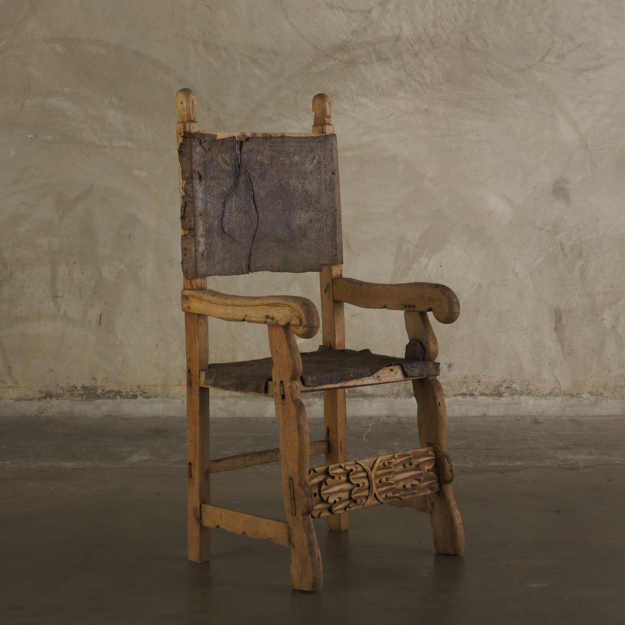 SPANISH COLONIAL ARM CHAIR WITH ORIGINAL LEATHER