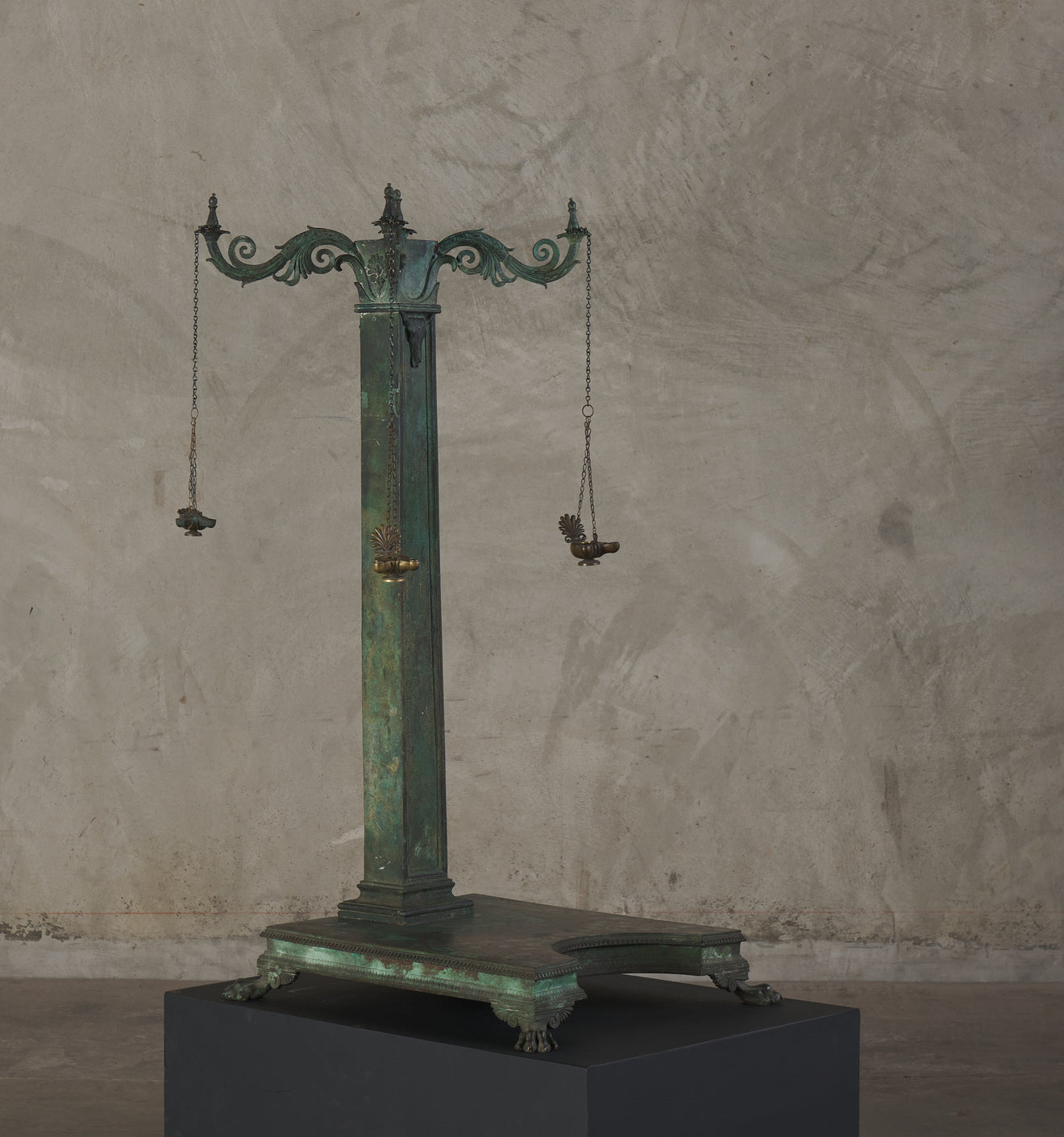 SPECTACULAR GRAND TOUR BRONZE & SILVER INLAID OIL LAMP STAND, NAPLES, 1902