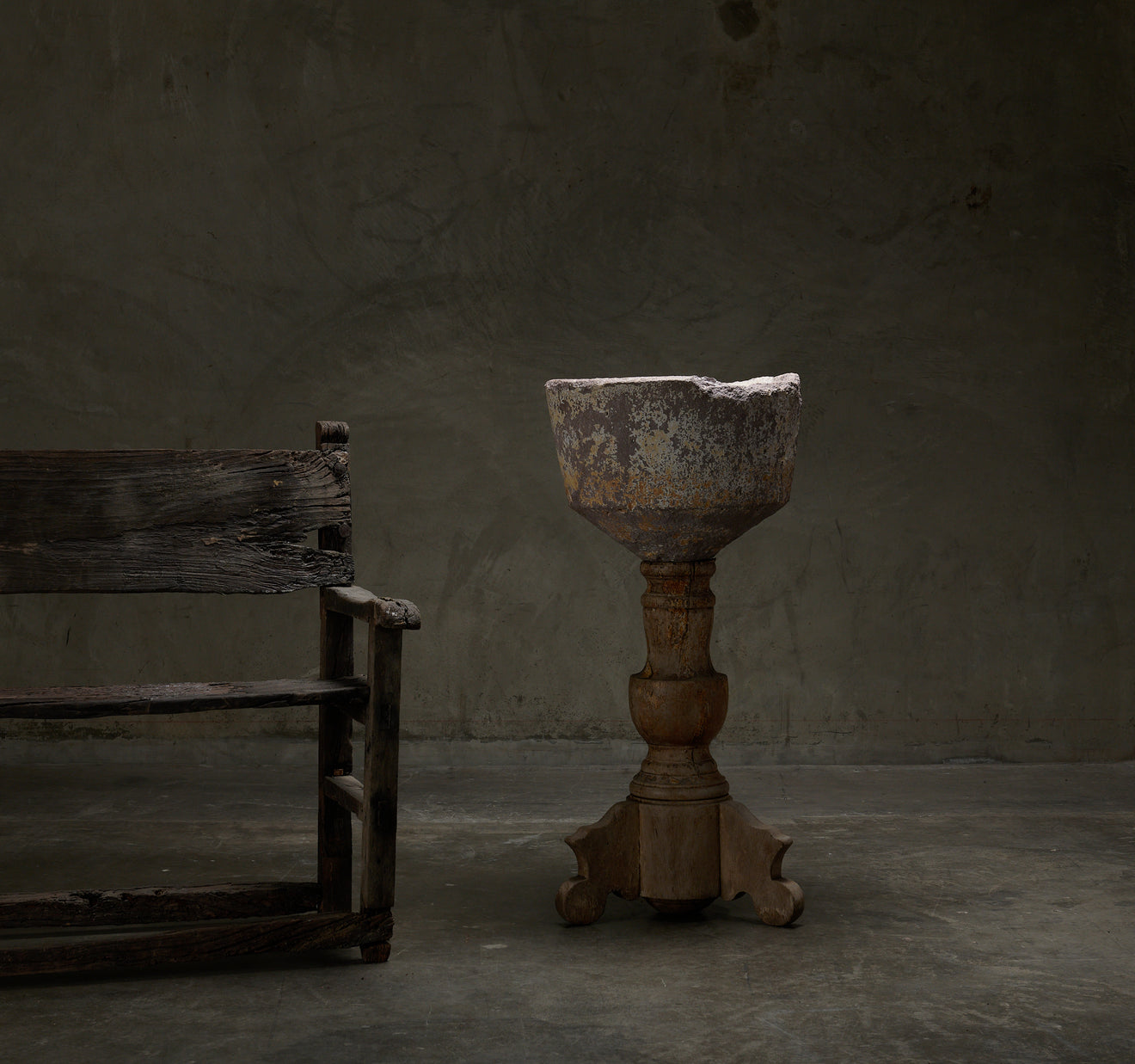STONE BAPTISMAL FONT ON MESQUITE PEDESTAL