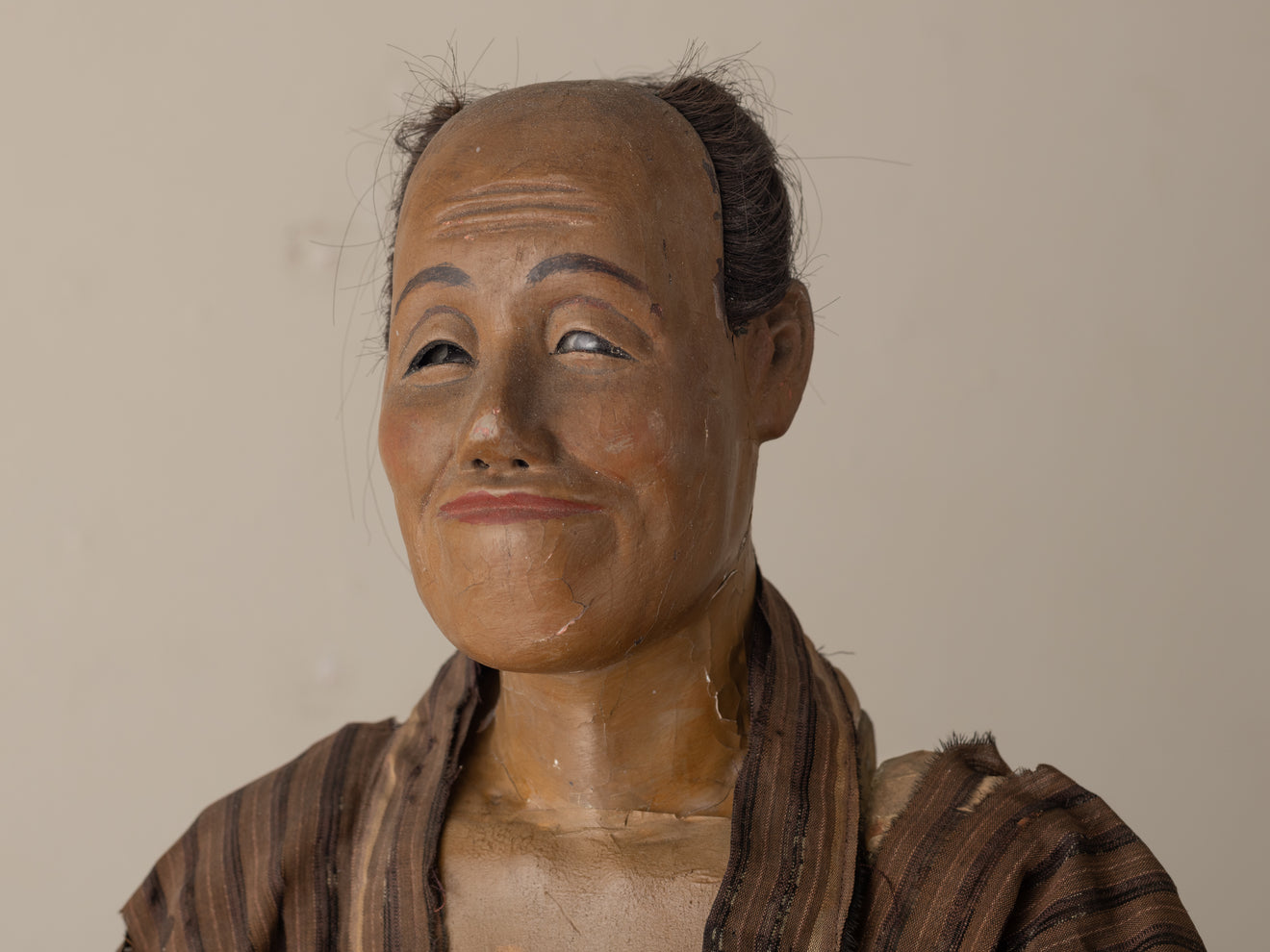 CARVED FIGURE OF JAPANESE MAN WITH HUMAN HAIR