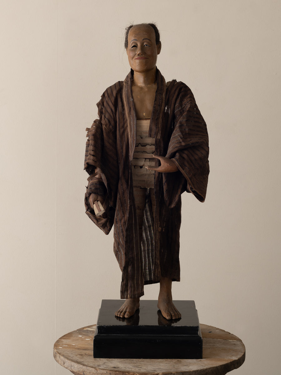 CARVED FIGURE OF JAPANESE MAN WITH HUMAN HAIR