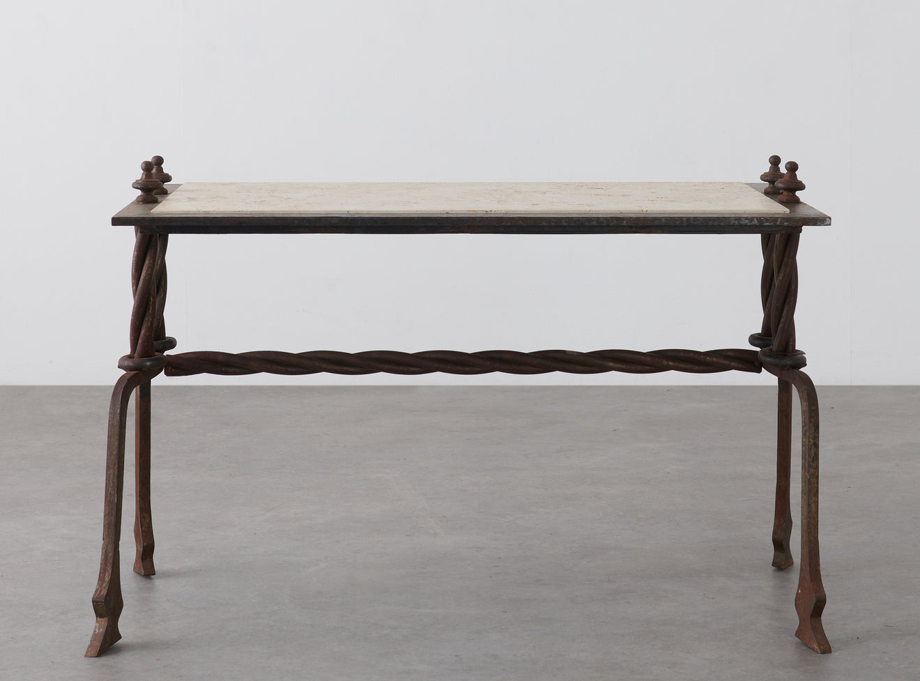 FRENCH IRON AND TRAVERTINE SIDE TABLE