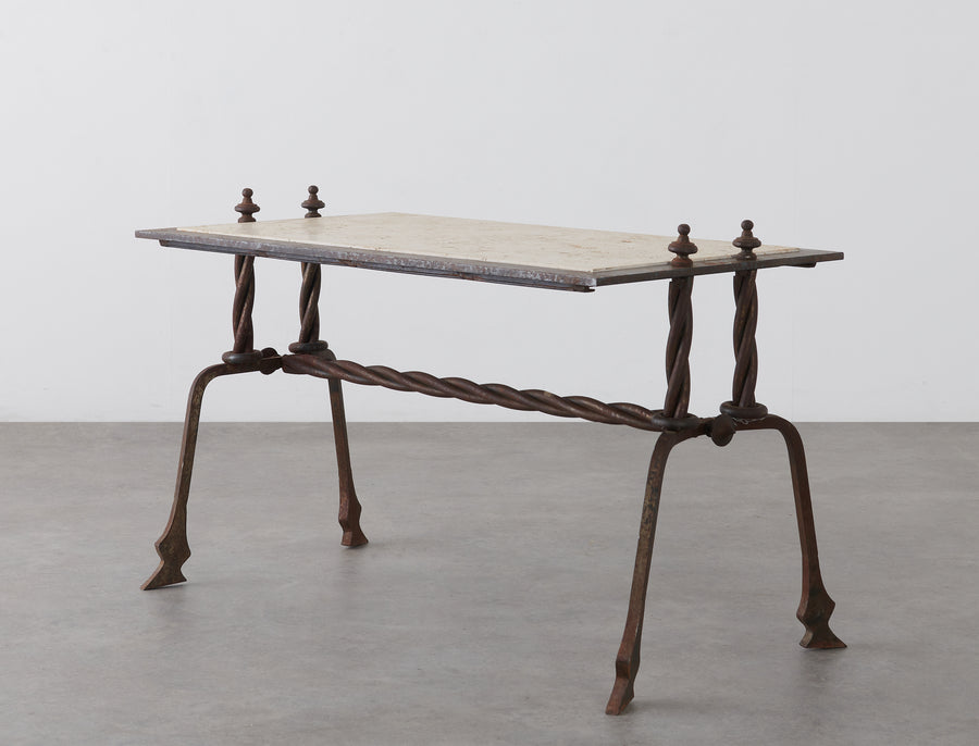 FRENCH IRON AND TRAVERTINE SIDE TABLE