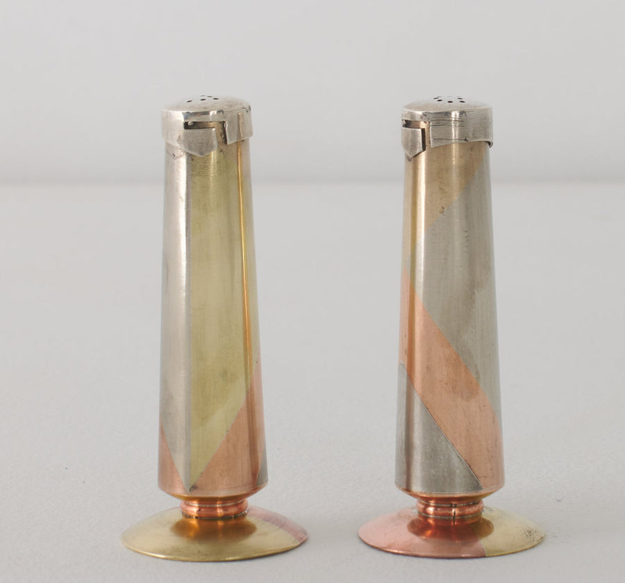PAIR OF LOS CASTILLOS SALT & PEPPER SHAKERS IN METALES CASADOS TECHNIQUE