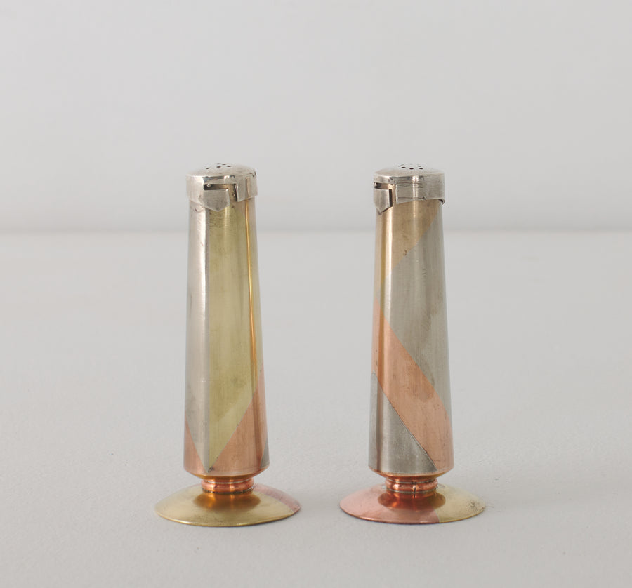 PAIR OF LOS CASTILLOS SALT & PEPPER SHAKERS IN METALES CASADOS TECHNIQUE