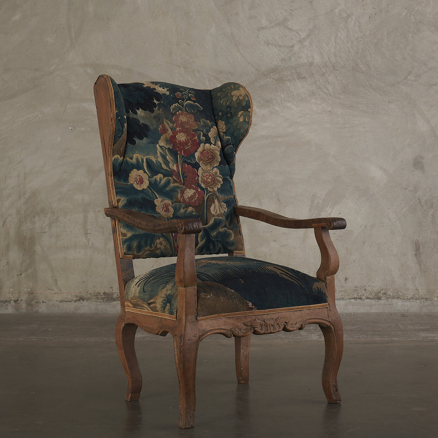 18TH C AUBUSSON UPHOLSTERED WING-BACK ARM CHAIR