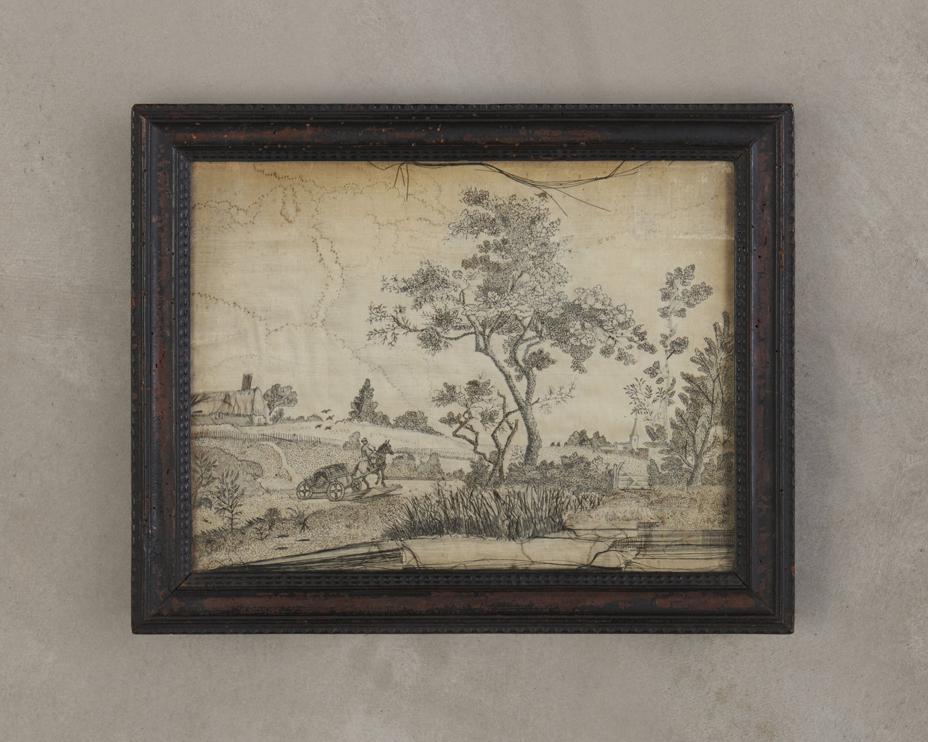 18TH C WOVEN HAIR RURAL LANDSCAPE IN PERIOD FRAME