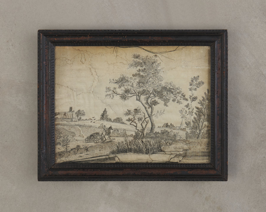 18TH C WOVEN HAIR RURAL LANDSCAPE IN PERIOD FRAME