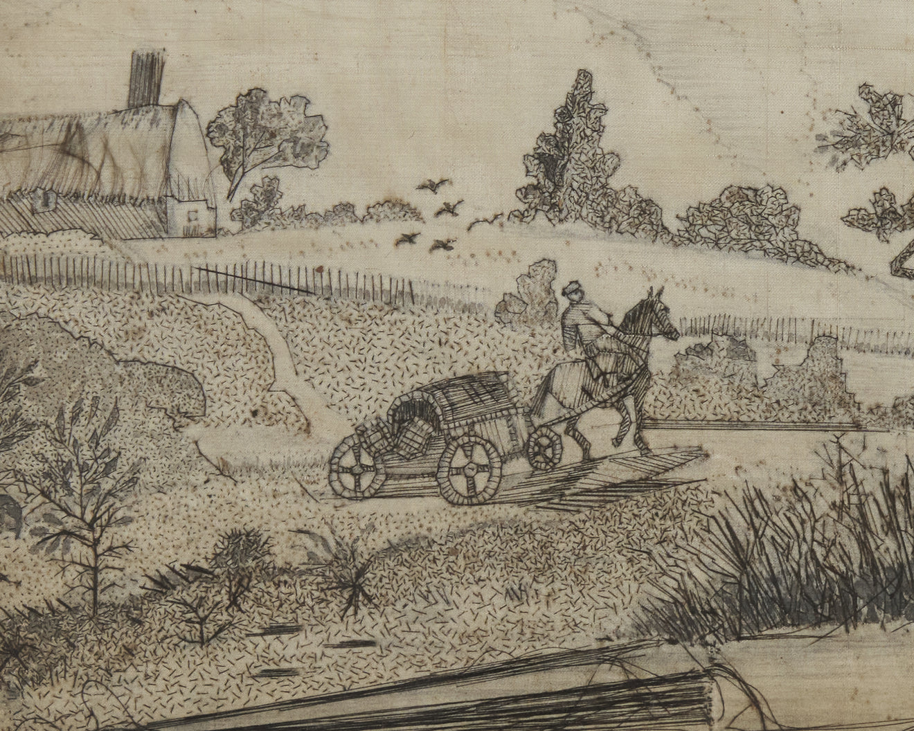 18TH C WOVEN HAIR RURAL LANDSCAPE IN PERIOD FRAME