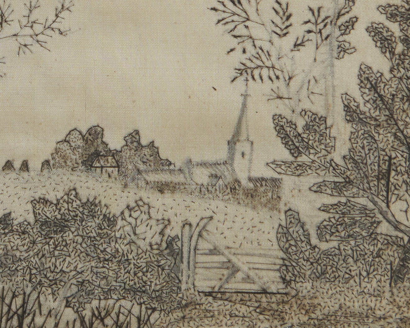 18TH C WOVEN HAIR RURAL LANDSCAPE IN PERIOD FRAME