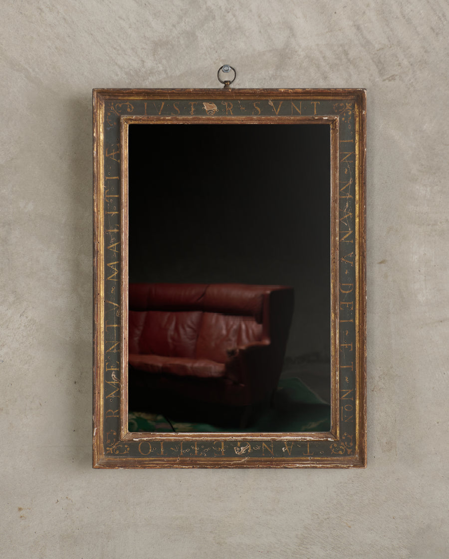 18th C FRAMED MIRROR "THE JUST ARE IN THE HAND OF GOD AND NOT WITH THE TOUCH OF EVIL"