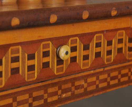 1940s MARQUETRY GAME TABLE WITH CHAIRS AND CHESS SET CRAFTED BY RAFAEL L ALACON