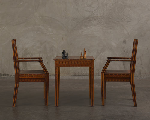 1940s MARQUETRY GAME TABLE WITH CHAIRS AND CHESS SET CRAFTED BY RAFAEL L ALACON