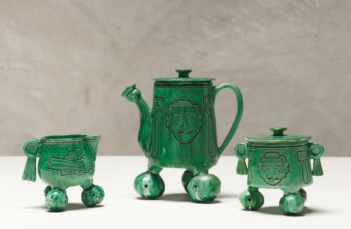 ALFARERIA JIMENEZ TEA SET INSCRIBED WITH ZAPOTEC AND MIXTEC PRE COLUMBIAN DESIGNS : POT, SUGAR BOWL, CREAMER