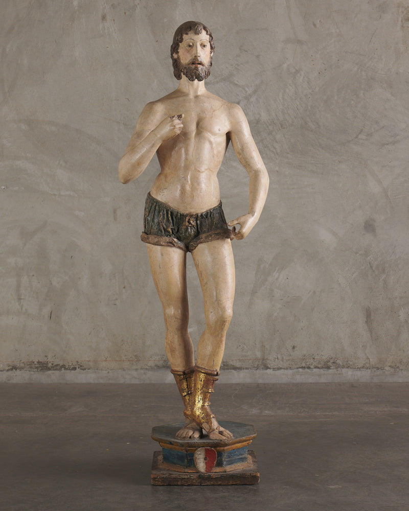 A LIFE SIZE 16th C NORTH ITALIAN GILT AND PAINTED WOOD FIGURE OF SAN ROCCO BY NERO ALBERTI DA SANSEPOLCRO (1502 - 1568)
